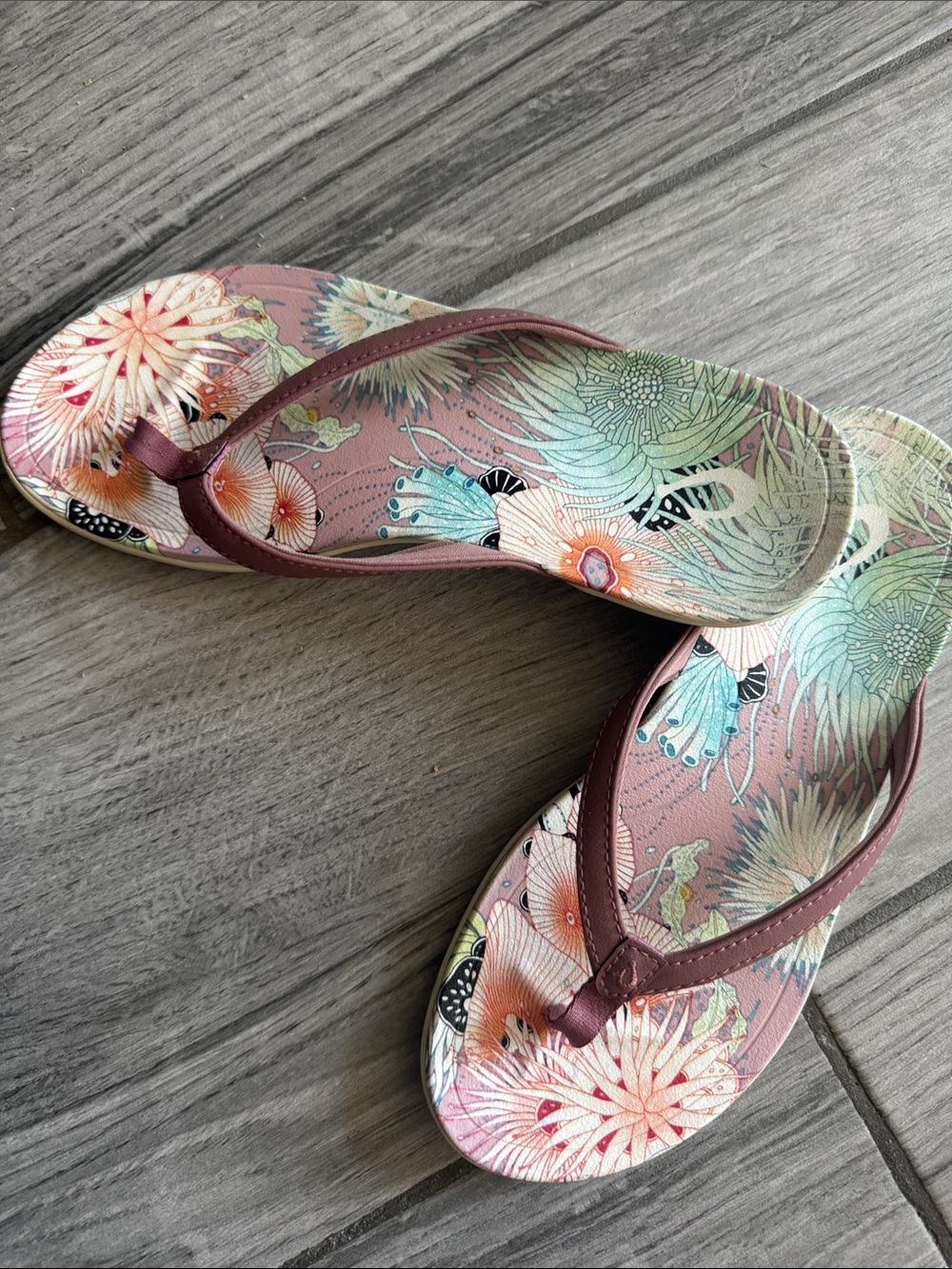 OluKai Floral Print Pink and Mint Flip Flop Sandals - Picture 2 of 5